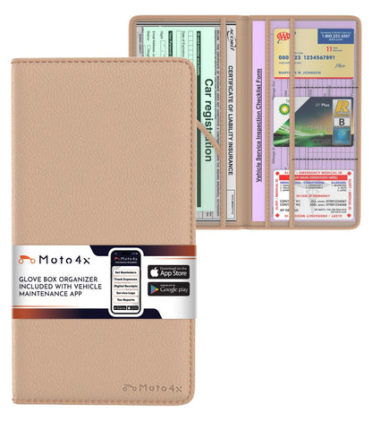 MOTO4X Premium Leather Magnetic Shut Car Registration & Insurance Card Holder, Glove Box Organizer for License, Cards & Documents: Beige