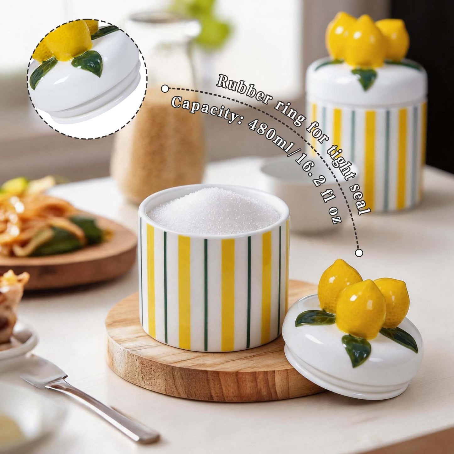 Iryanthos Cookie Jar with Airtight Lid, 16.2 fl oz Personalized Ceramic Food Storage Containers with Lemon-shaped Lid for Kitchen Countertop Decor, For Sugar Tea Coffee Spices Nut Honey - 2 pieces Set