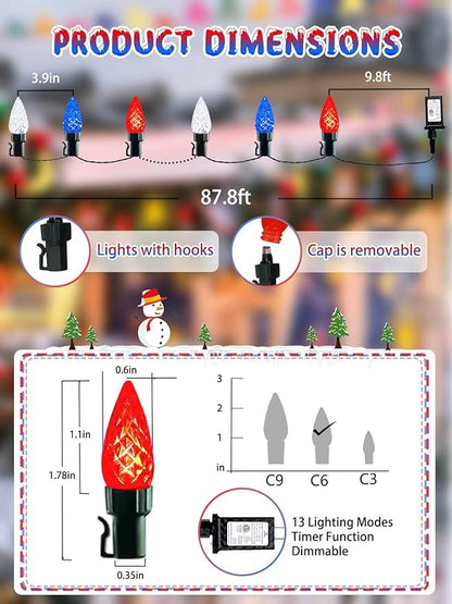 240 LED 78FT C6 Christmas String Lights, Super Long Christmas Lights Outdoor Indoor with 13 Modes & Timer, Waterproof Fairy Twinkle Light Plug in for Tree Party Xmas Decorations (Red White and Blue)