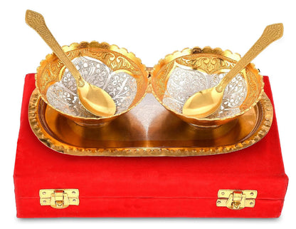 NOBILITY Bowl Spoon Tray Set Gold and Silver Plated Light Weight with Gift Box Dessert Dry Fruits Serving Gift Items Diwali Christmas Eid Wedding Return Home Decoration Gifts