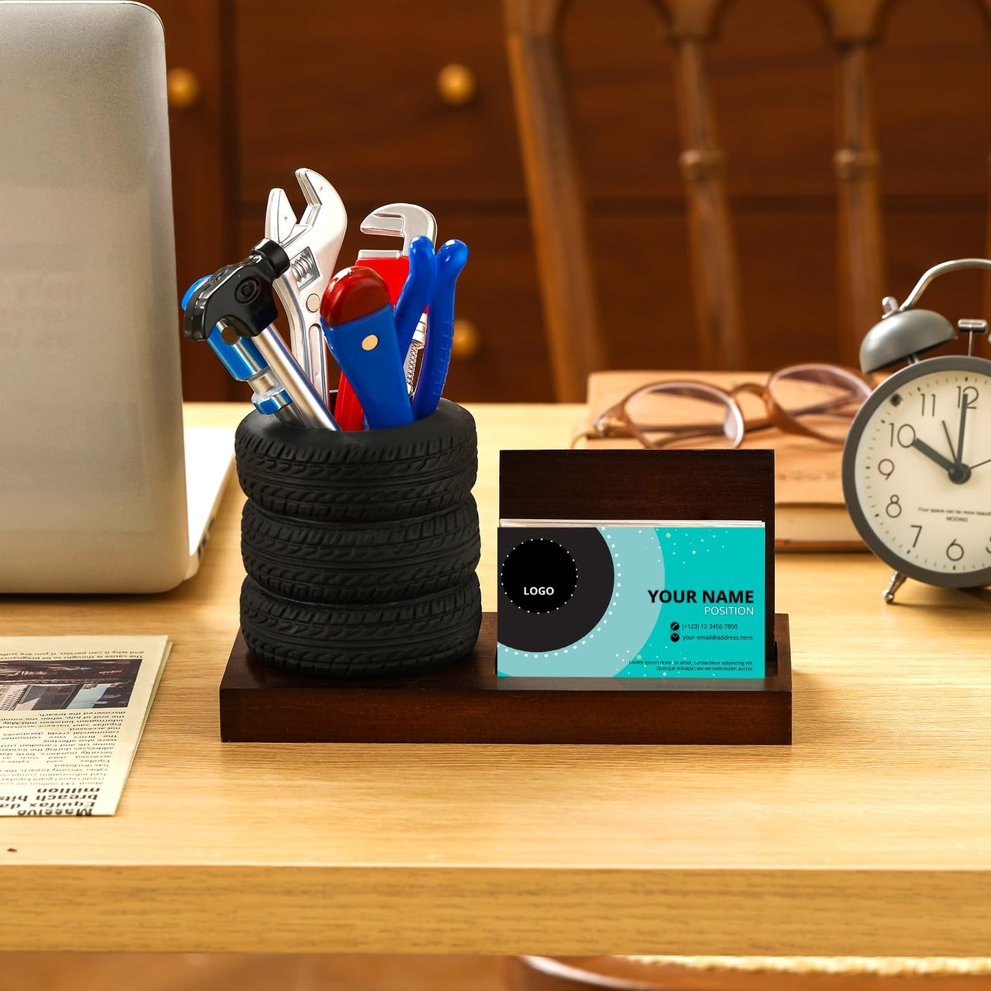 Feifeiya 7 Pcs Tire Pen Holder Tire Shape Funny Desk Accessories Include 6 Pcs Novelty Tool Car Business Card Holder Gift for Men Father's Day Mechanic Car Lover Salesman(Black,Walnut,Wood)