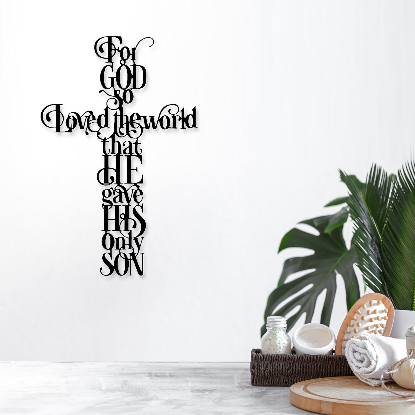Rajukit Jesus Wall Art, Cross Wall Decor with For God So Loves the World Quote, Religious Cross Decor for Home, Office, Cafe, Elegant Metal Wall Sculpture Gift