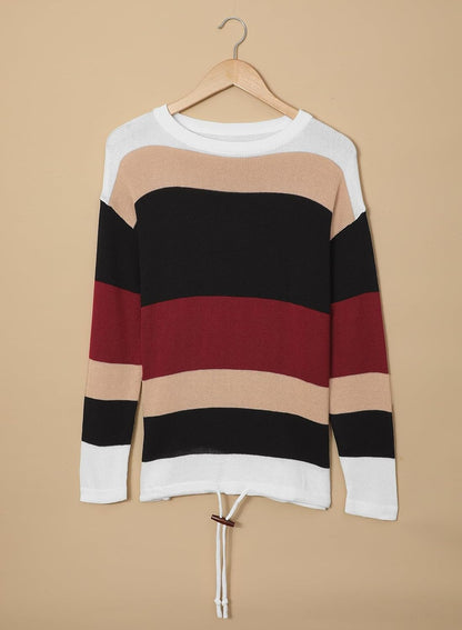 Dokotoo Womens Sweaters Striped Fall Winter Outfits 2025 Crewneck Drawstring Color Block Fashion Clothing