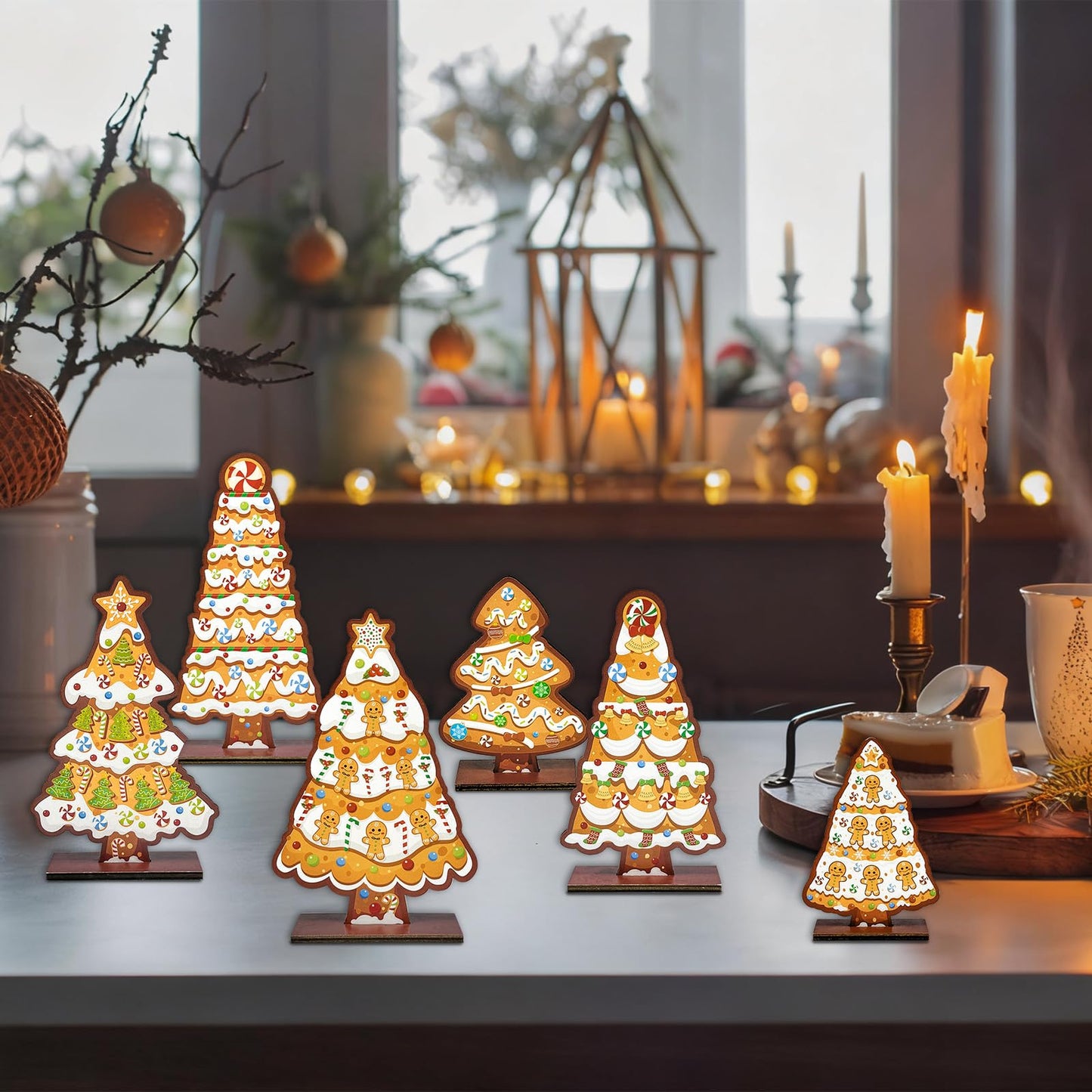 Cinrobiye 6 Pcs Christmas Table Decorations, Gingerbread Tree Tabletop Centerpieces Farmhouse Rustic Wood Xmas Trees for Home Mantel Fireplace Winter Holiday Party Supplies Decor