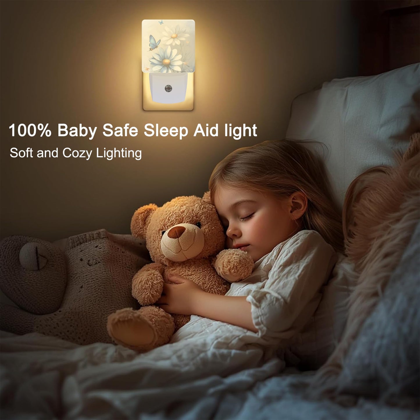 KXWQTRDD Blue and White Daisy Floral Butterfly Night Light Plug into Wall,Nightlights with Light Sensor Dusk to Dawn,Plug in Night Lights for Kids,Warm Lamps for Bathroom Bedroom Kitchen