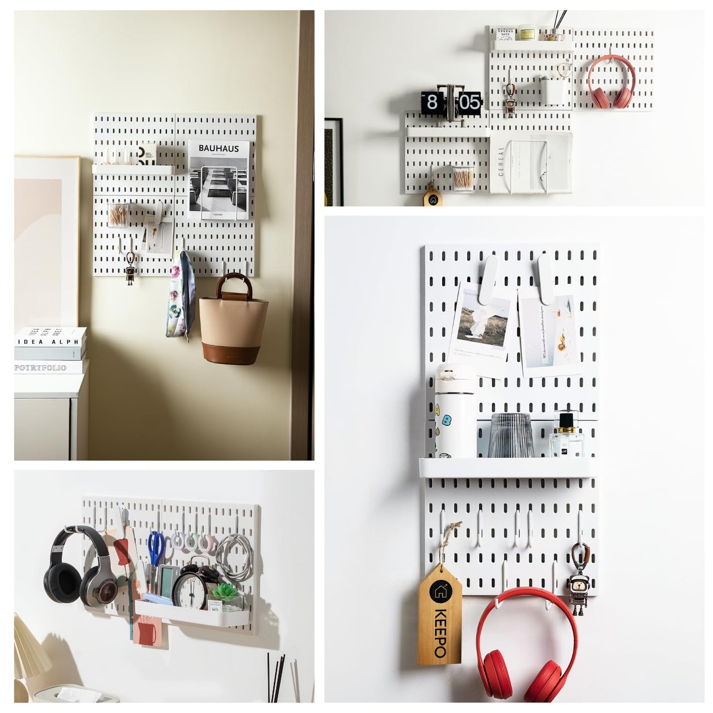 Keepo Pegboard Combination Kit with Modular Accessories, Wall Organizer for Gaming Setup, Crafts, and Ornament Display, Peg Board for Bedroom, Office, Home (White, 22″×11″)