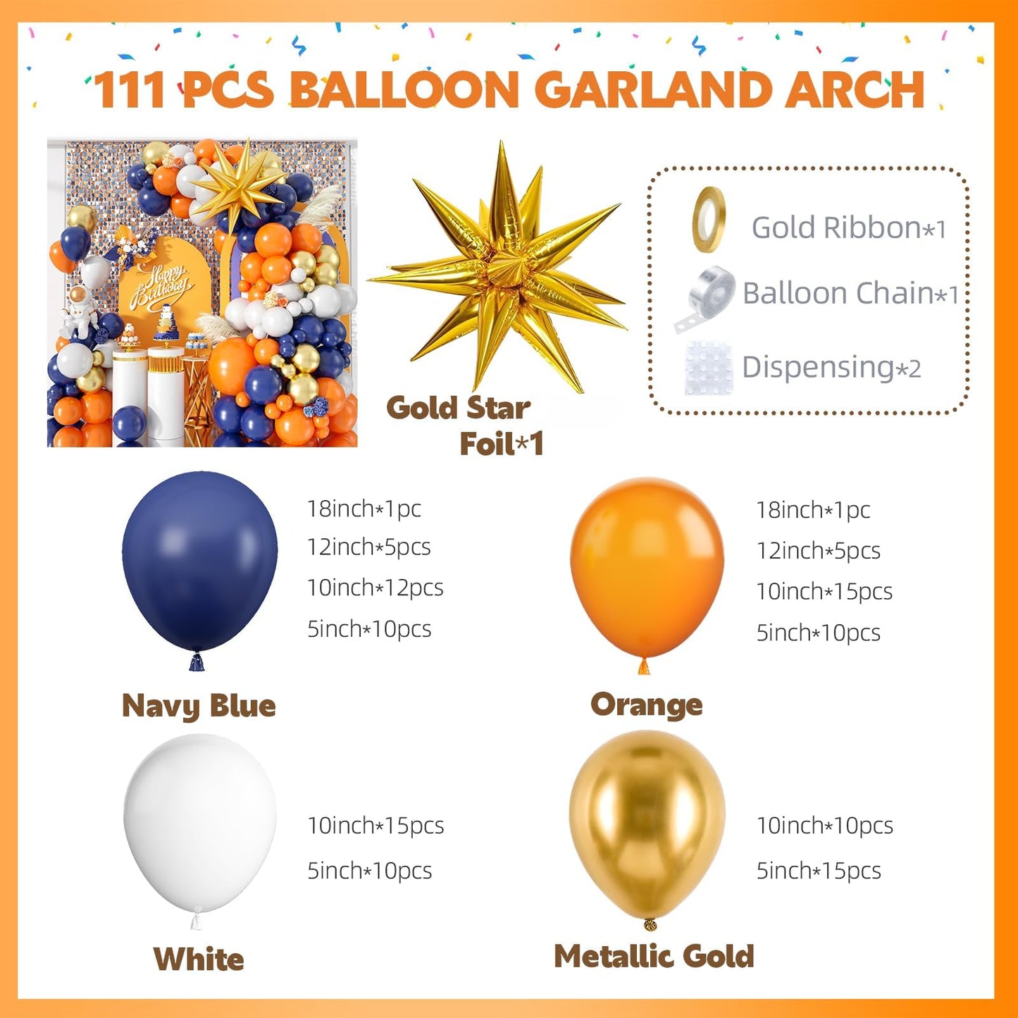 Blue and Orange Balloon Garland Arch Kit, 107 PCS Royal Dark Blue White Orange Latex Balloons Gold Star Foil for Birthday Thanksgiving Baby Shower Baseball Party