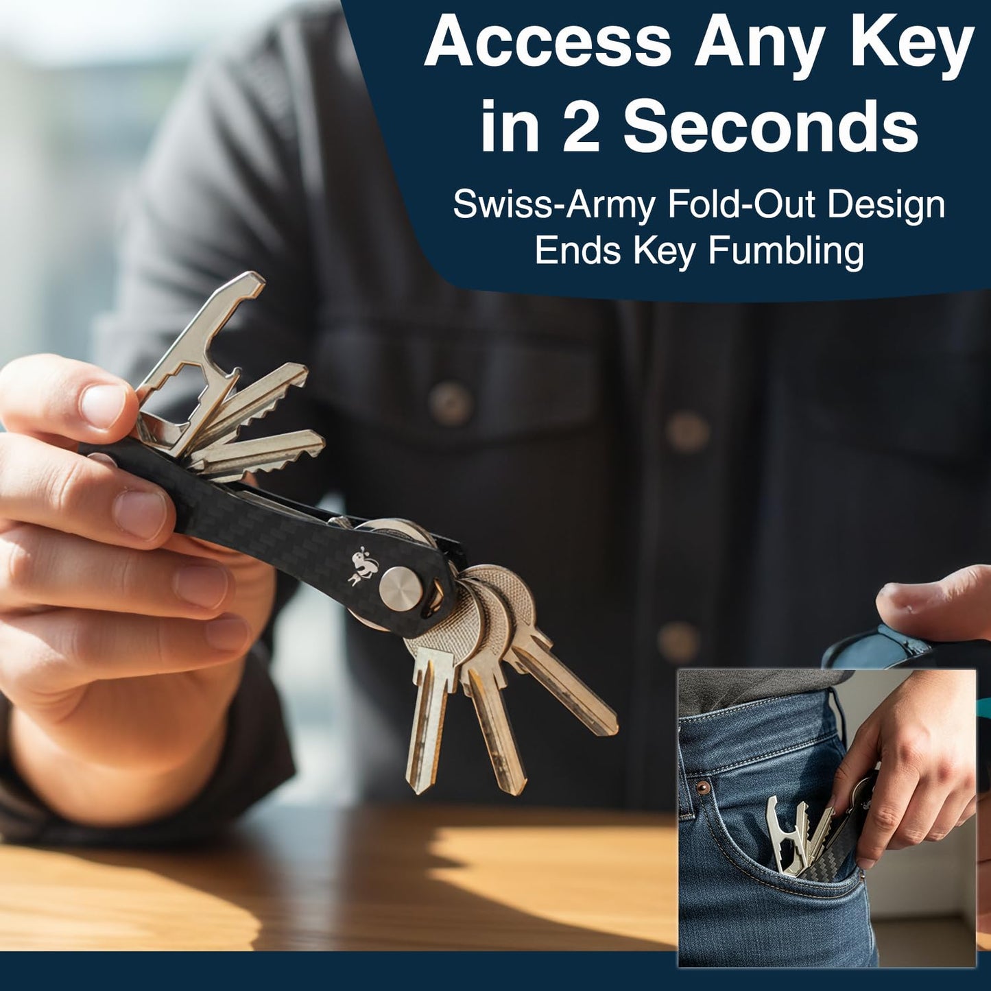 Carbon Fiber Compact Key Holder, Premium Smart Key Organizer Keychain (4-20 Slots), Heavy Duty Minimalist Multikey Folding Pocket Keyholder, Durable Locking Mechanism, Slick Slim Quiet Profile