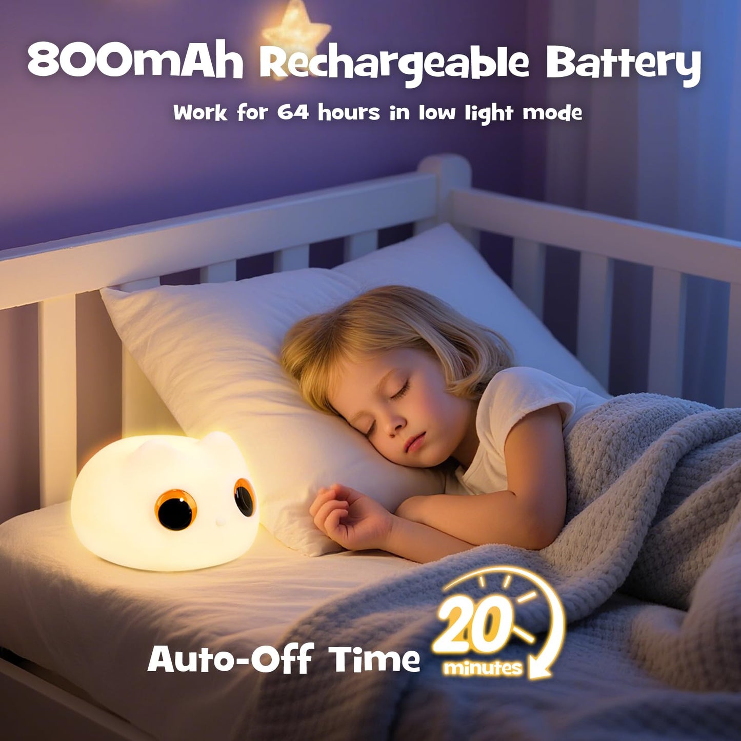 Squishy Cat Night Light 2 Brightness Adjustable Cute Big Eyes Kitty Light with 20mins Timer Nursery Breastfeeding Nightlight Rechargeable Silicone Touch Bedside Animal Lamp for Home Bedroom Dorm Decor