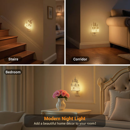 JandCase Night Lights Plug into Wall,2 Pack 3D Printed Castle Night Light,3000K Plug in Nightlight with Dusk to Dawn Sensor,0-100LM Adjustable Brightness for Rooms Bathroom Hallway