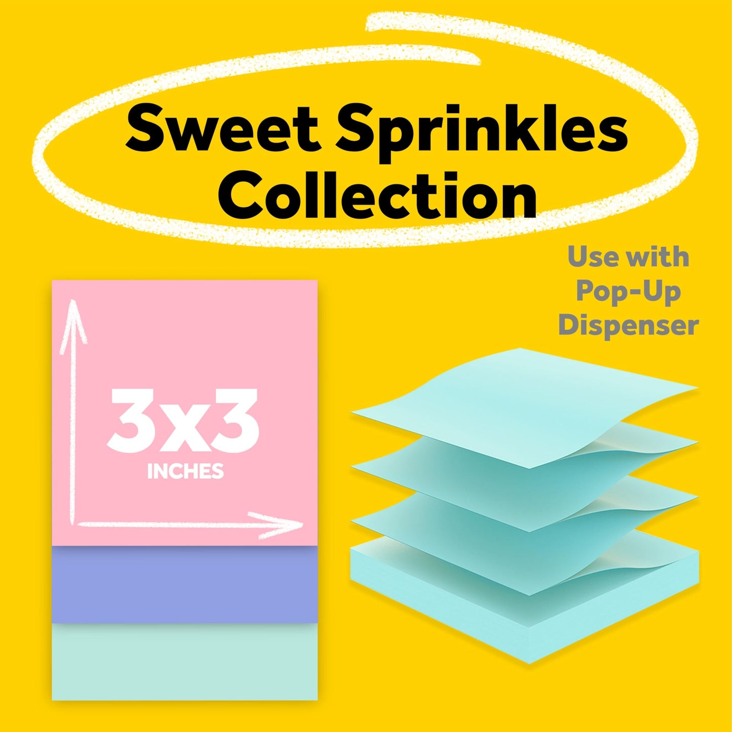 Post-it Greener Pop-up Notes, 12 Sticky Note Pads, 3 x 3 in., Made with 100% Recycled Paper, Accordion Sticky Notes Work with Pop-Up Note Dispenser, Sweet Sprinkles Collection