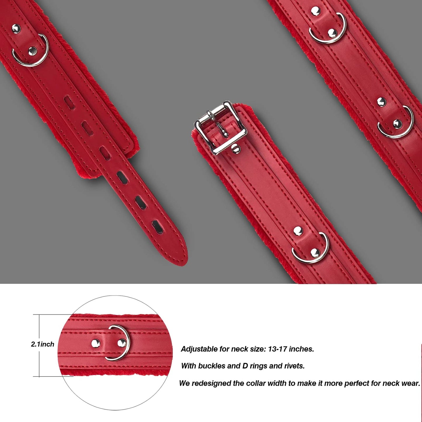 Gothic Leather Choker Collar, PU Leather Fur Lined Pet Collars Necklace with Long and Durable Detachable Leash Chain Pet Collars, Red