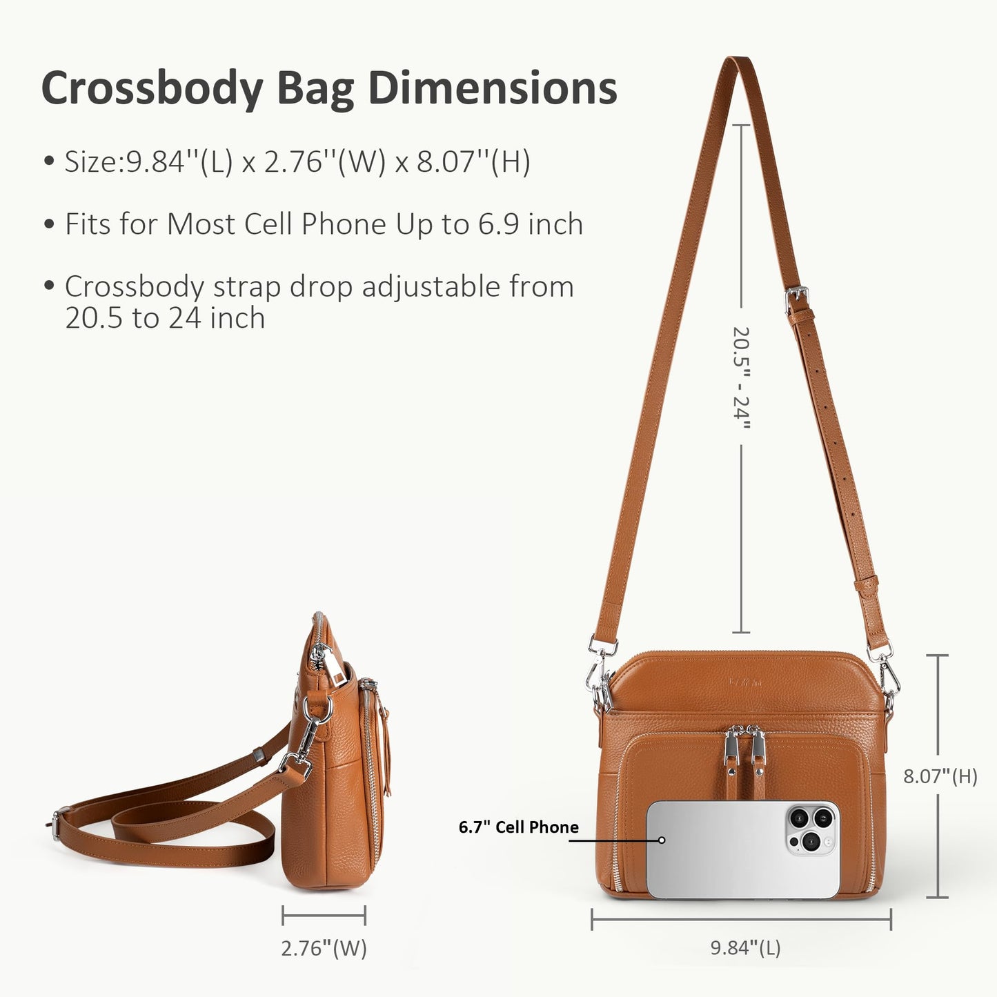 befen Genuine Leather Small Crossbody Purses for Women Shoulder Bags Cross Body Purse with Built in RFID Wallet Cognac Brown