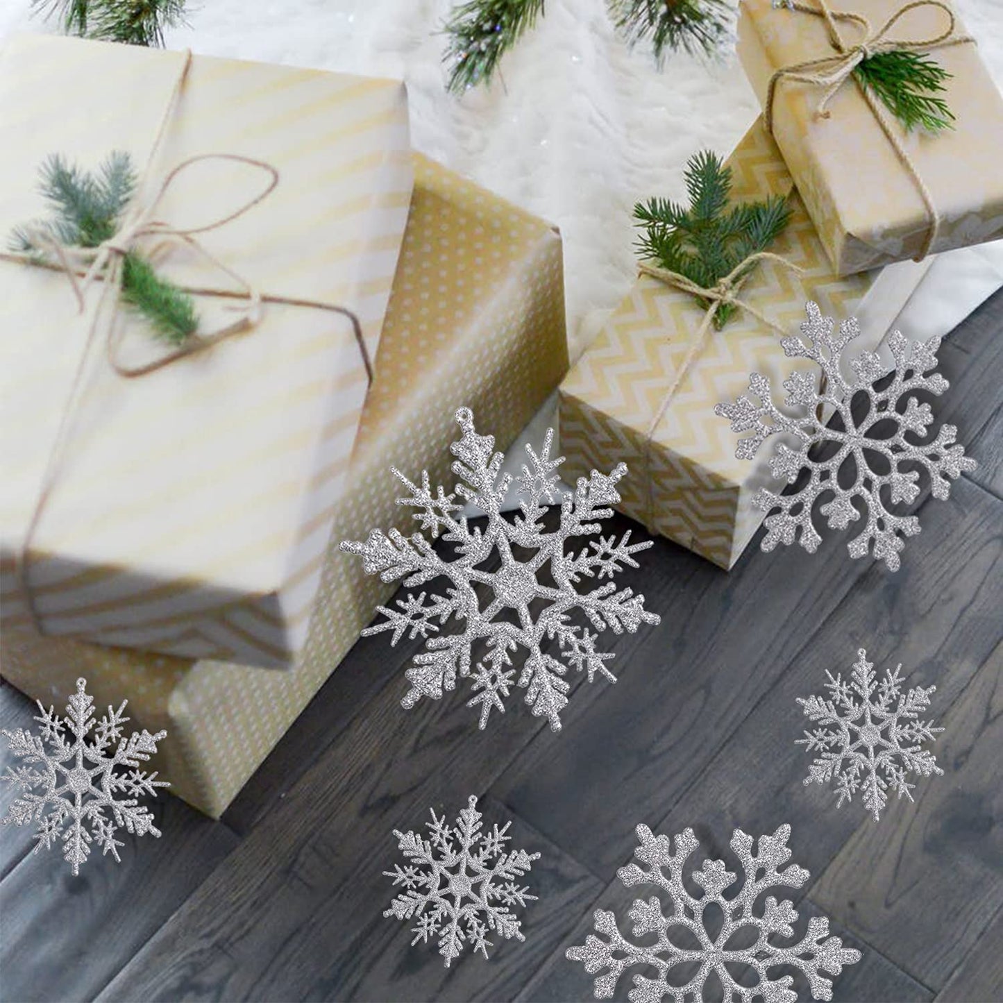 36 Pack Silver Snowflake Ornaments Plastic Glitter Snow Flakes Ornaments for Winter Christmas Tree Decorations Size Varies Craft Snowflakes