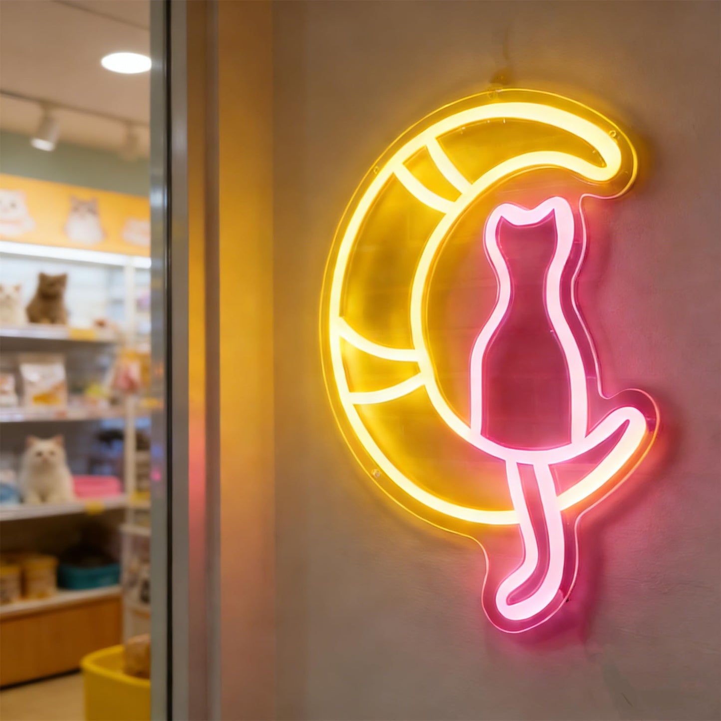 HFHungkeong Cute Kwaii Cat Neon Signs Acrylic LED Anime Moon Cats Neon Sign with Dimmable Switch and 1Pc Hanging Chain for Bedroom Living Room Children Girls Gift Bar Home Party Birthday