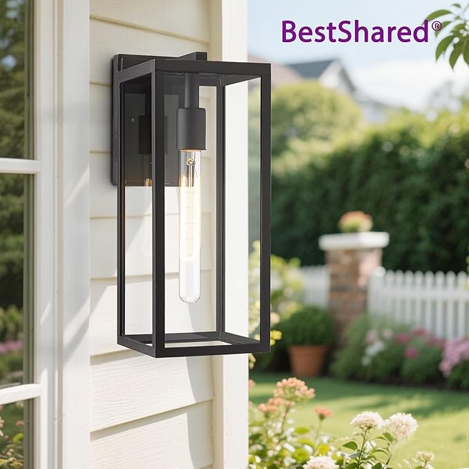 Bestshared Outdoor Wall Sconce Lights,Exterior Wall Lighting Fixtures with Clear Glass, Anti-Rust Modern Black Outside Lantern Lamp for House Front Porch Doorway Patio (Black, 15"-1 Pack)