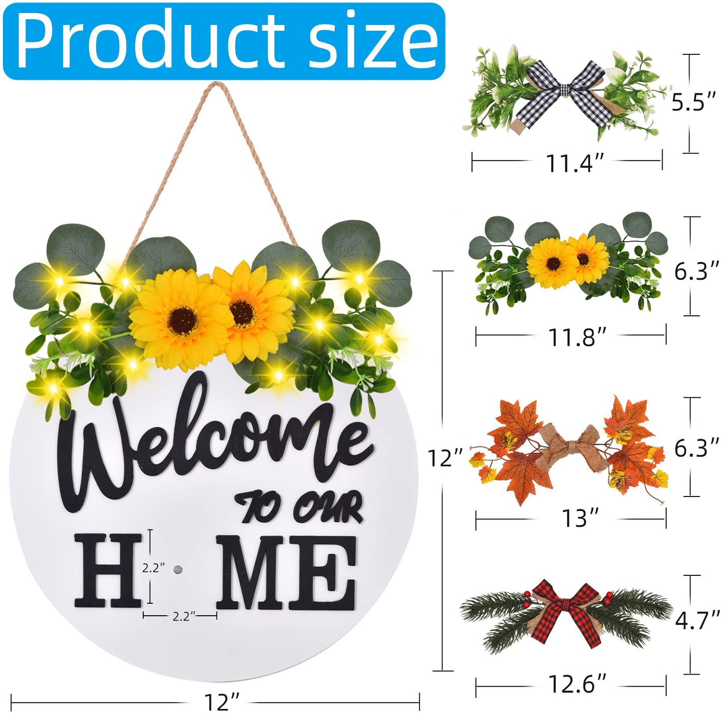 Interchangeable Welcome Home Sign, Front Door Decor With 4 Seasonal Wreaths and 21 Changeable Icons, Rustic Wood Wall Porch Hanger for Holiday Halloween Christmas Housewarming Gift (White)