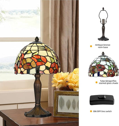 TL0029 Tiffany Style Table Lamp Stained Glass Floral Shade with Bronze Base Vintage Art Deco Desk Light for Bedroom Living Room Decor (Blossom)