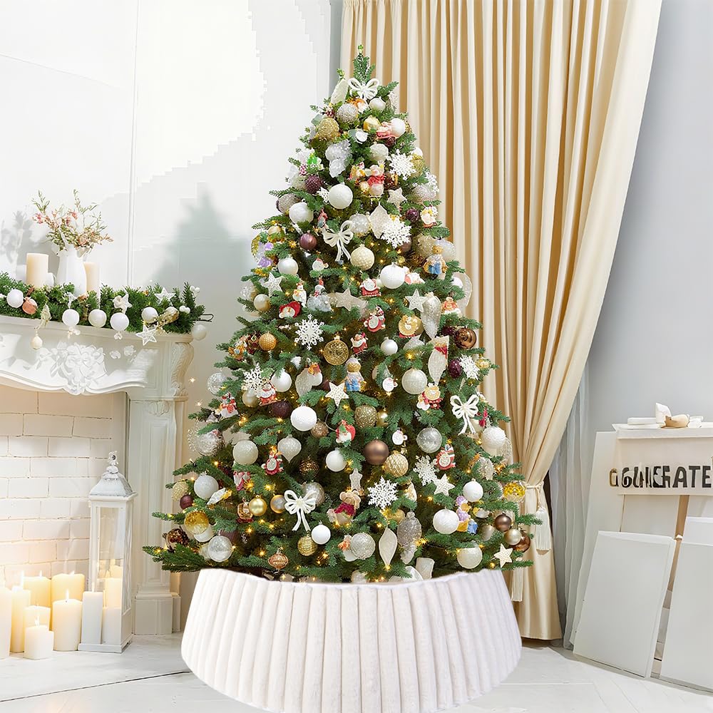 Teeanzo 28 Inch Christmas Tree Collar White Stripes Plush Faux Fur, Soft Boho Xmas Tree Ring Beige Tree Skirt for Christmas Artificial Trees Holiday Party Home Decor