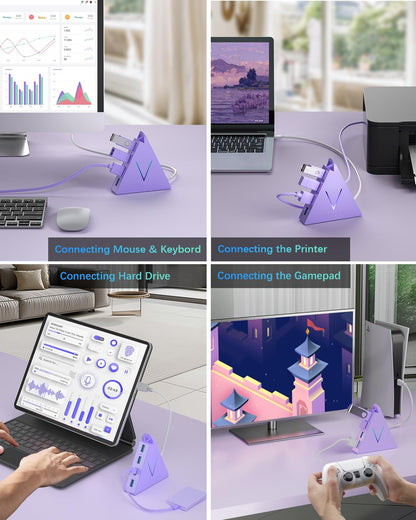 4-Port USB 3.0 Hub, FlyingVHUB Vertical Data USB Hub with 2 ft Extended Cable, for Mac, PC, Xbox One, PS4, PS5, iMac, Surface Pro, XPS, Laptop, Desktop, Flash Drive, Mobile HDD(Pink)