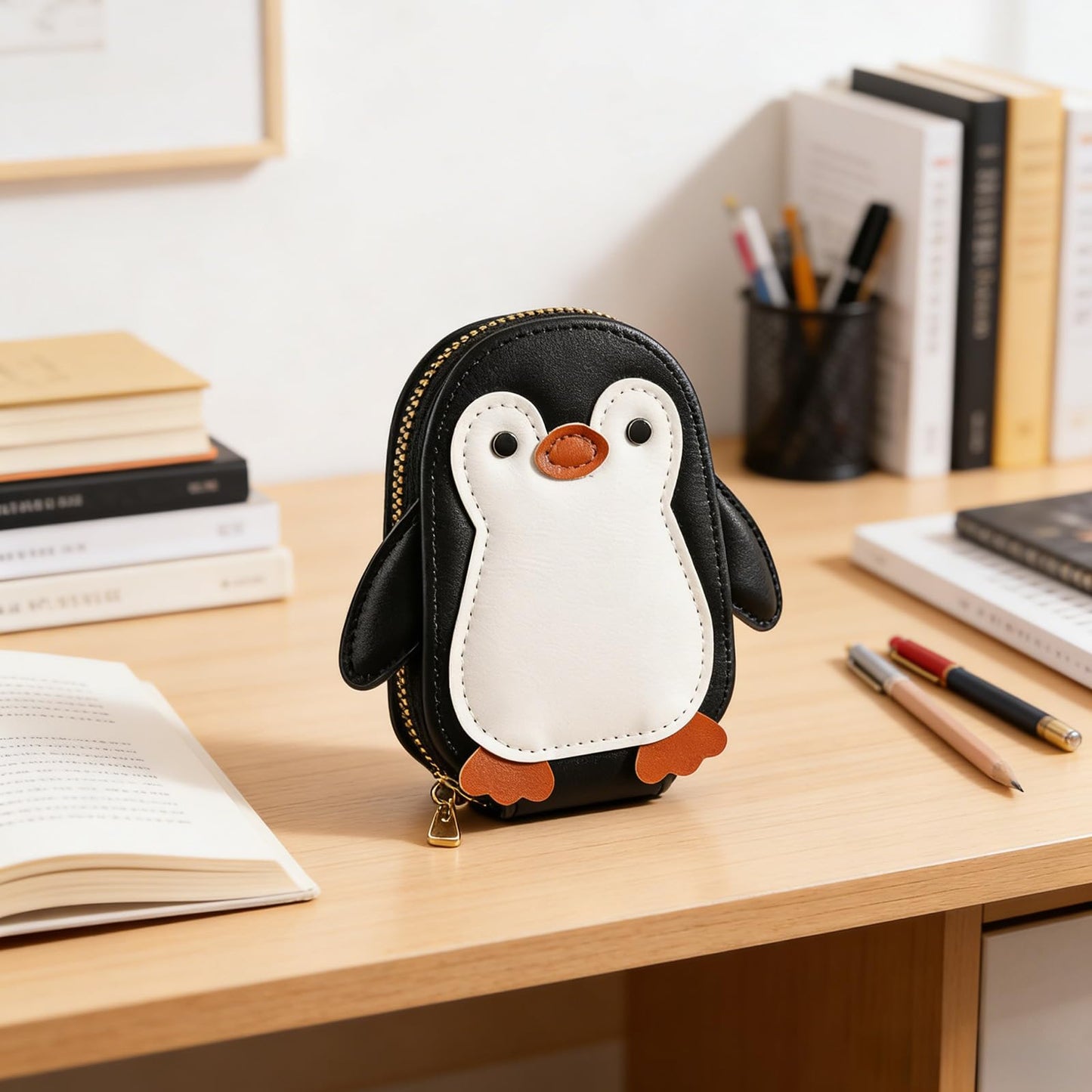 Novel and Interesting Cute Cartoon Penguin-shaped Coin Purse PU Leather Accordion Card Holder Large Capacity Zippered Money and Card Organizer Portable Mini Pocket Coin Purse Key Pouch (black)
