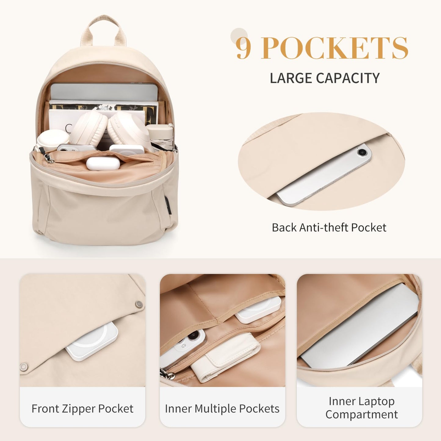 GOLF QUALITY Mini Backpack for Women Fashion Small Backpack Purse Lightweight Daypack for Work Trave Daily,Apricot