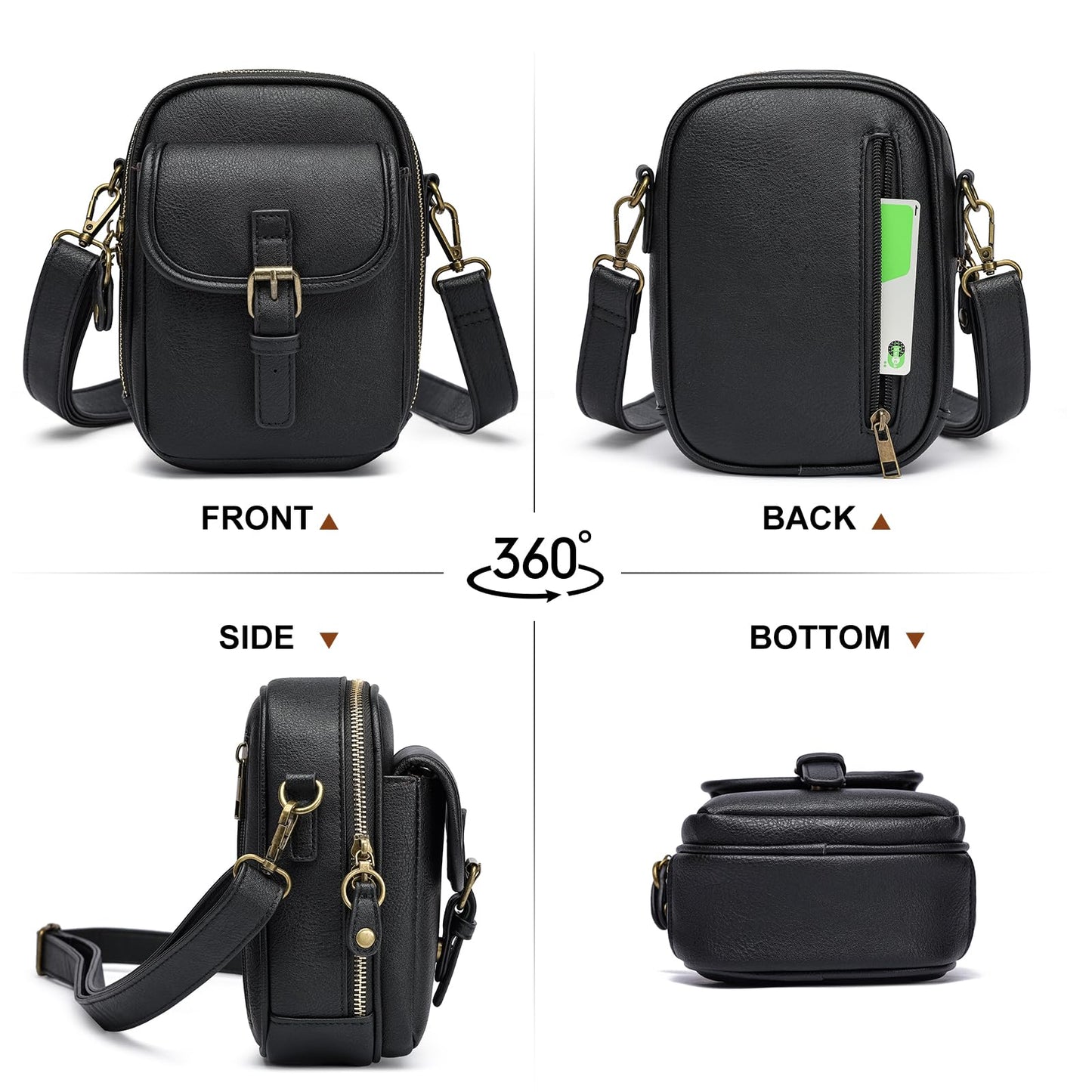 UBORSE Small Crossbody Bags for Women,Soft Vegan Leather Crossbody Handbag Adjustable Strap Travel Purse with Card Slots（Black S+leather strap）