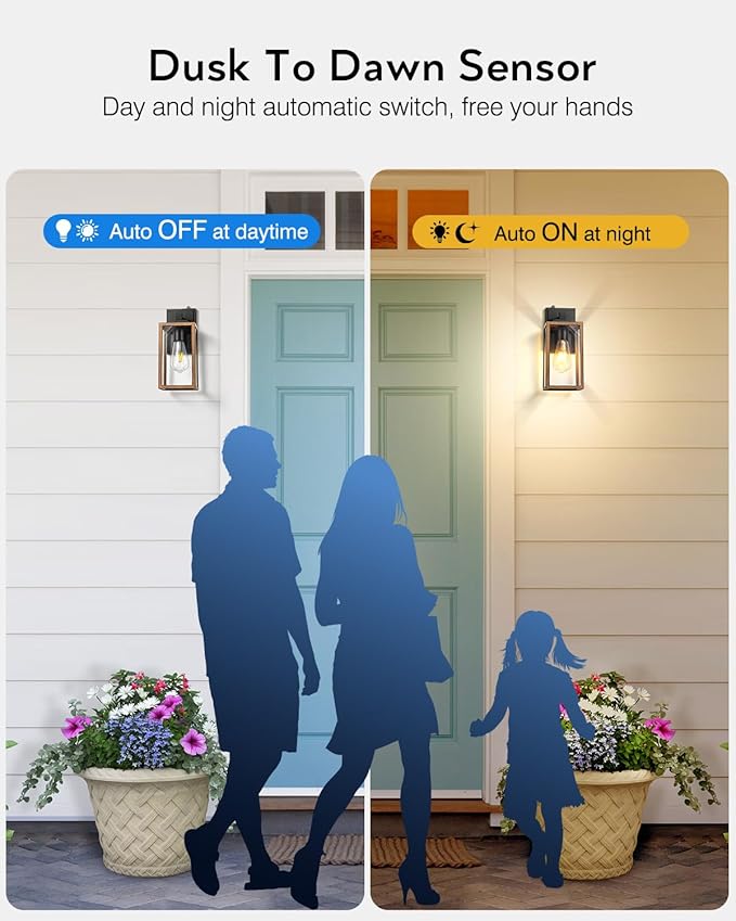VIANIS 2 Packs Garage Light Outdoor, Dusk to Dawn Outside Wall Lights Fixture for House, Wood Grain Coach Lantern with Toughened Glass, Farmhouse Sconce Wall Mount for Entryway, Hallway, Garage
