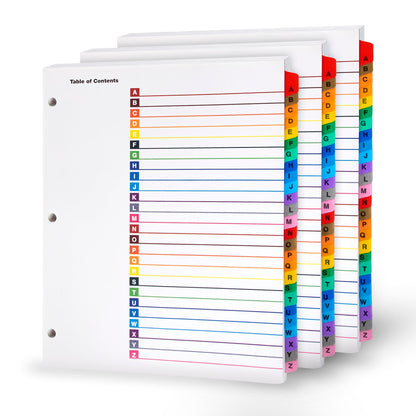 Alphabet Binder Dividers – 3 Sets of 26 A–Z Index Tabs for 3-Ring Binders, 8.5 x 11 in – Customizable Table of Contents, 3-Hole Punched – for School, Filing, Office Organization - 3 Pack