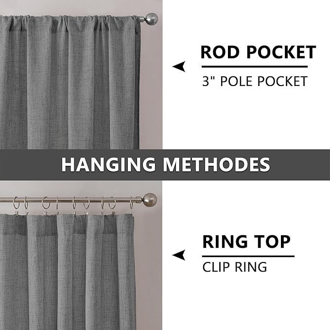 Tollpiz Short Linen Curtains Bedroom Rod Pocket Semi Sheer Curtain Burlap Light Filtering Thick Linen Drapes for Living Room, 38 x 45 inches Long, Dark Grey, Set of 2 Panels