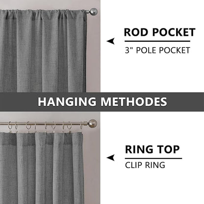Tollpiz Linen Curtain Living Room Rod Pocket Semi Sheer Curtains Burlap Light Filtering Thick Linen Drape for Bedroom, 54 x 72 inches Long, Dark Grey, Set of 2 Panels