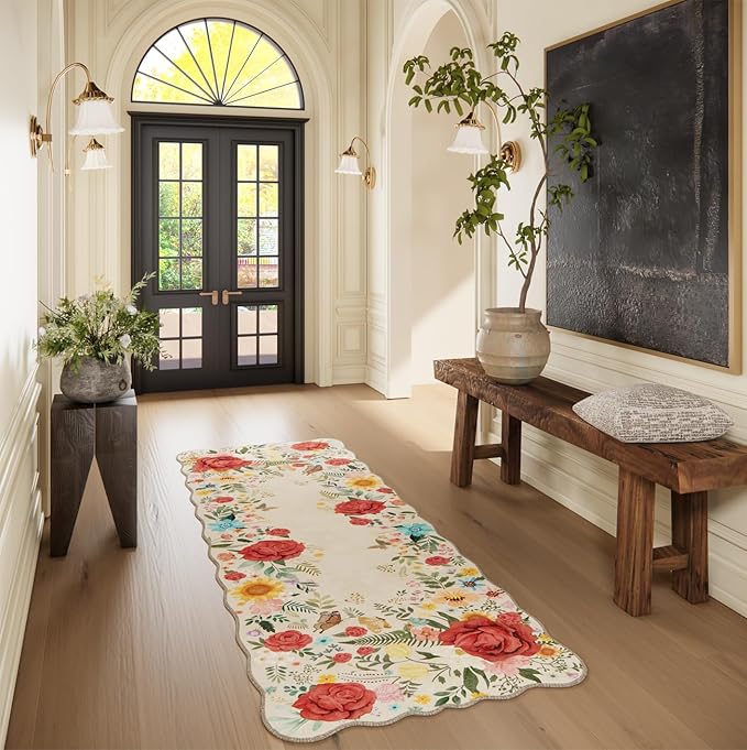 Kitchen Rug Runners for Hallways: 2x6 Washable Runner Rugs for Kitchen Ultra Thin Stain Resistant Non Slip Low Pile Lightweight Vintage Floral Carpet for Laundry Room, Bedside Decor (Beige)