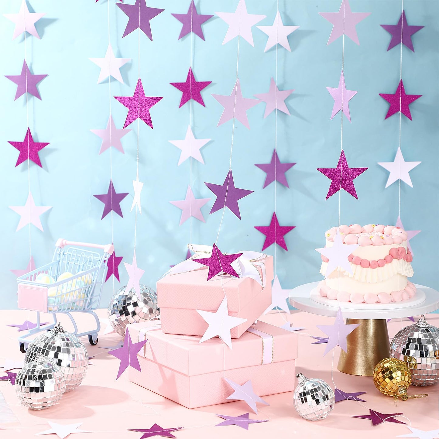 Patelai Glitter Star Garland Banner 2026 Graduation Decor 130 Feet Star Hanging Banner Twinkle Backdrop for Party Birthday Classroom Wedding Supplies(Purple,White)