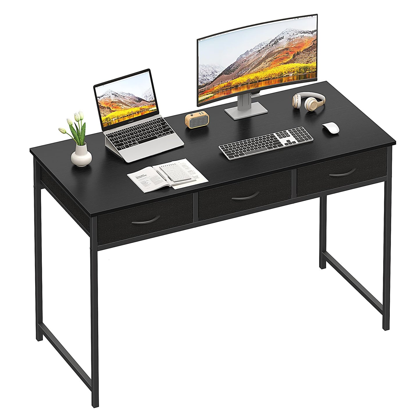 WOHOMO Computer Desk with 3 Drawers, 47.2 Inch Small Vanity Desk with Storage, Home Office Bedroom Desk for Small Spaces, Modern Work Writing Study Gaming Tables, Black