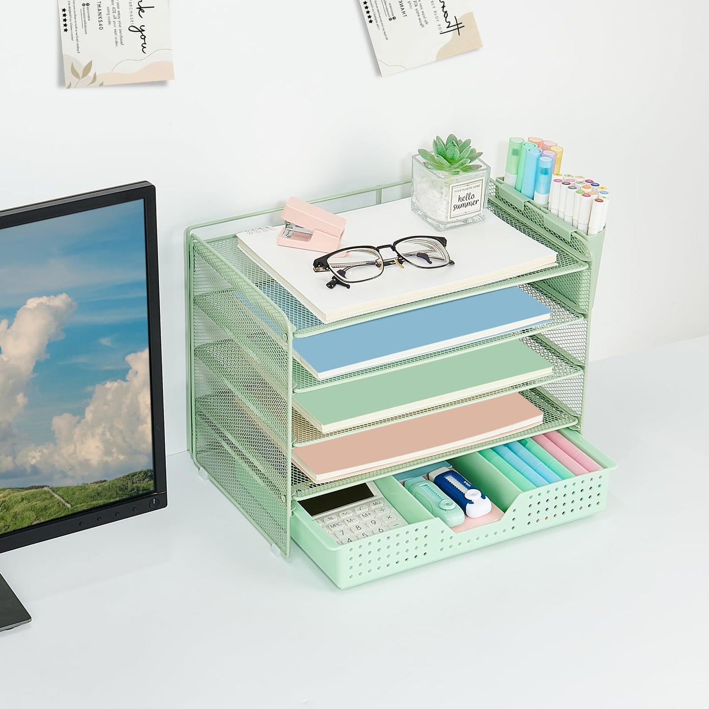 LEKETREE Desk Organizers and Accessories, 5-Tier Paper Letter Tray Organizer with Drawer & 2 Pen Holders, Desktop Organizer for Office Supplies (Green)