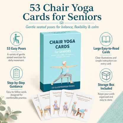 HuanRanYo Oversized Chair Yoga Cards for Seniors, 53 Seated Yoga & Stretch Poses, Large-Print Step-by-Step Exercise Deck with Storage Box, Low-Impact Mobility & Flexibility Workouts for Older Adults