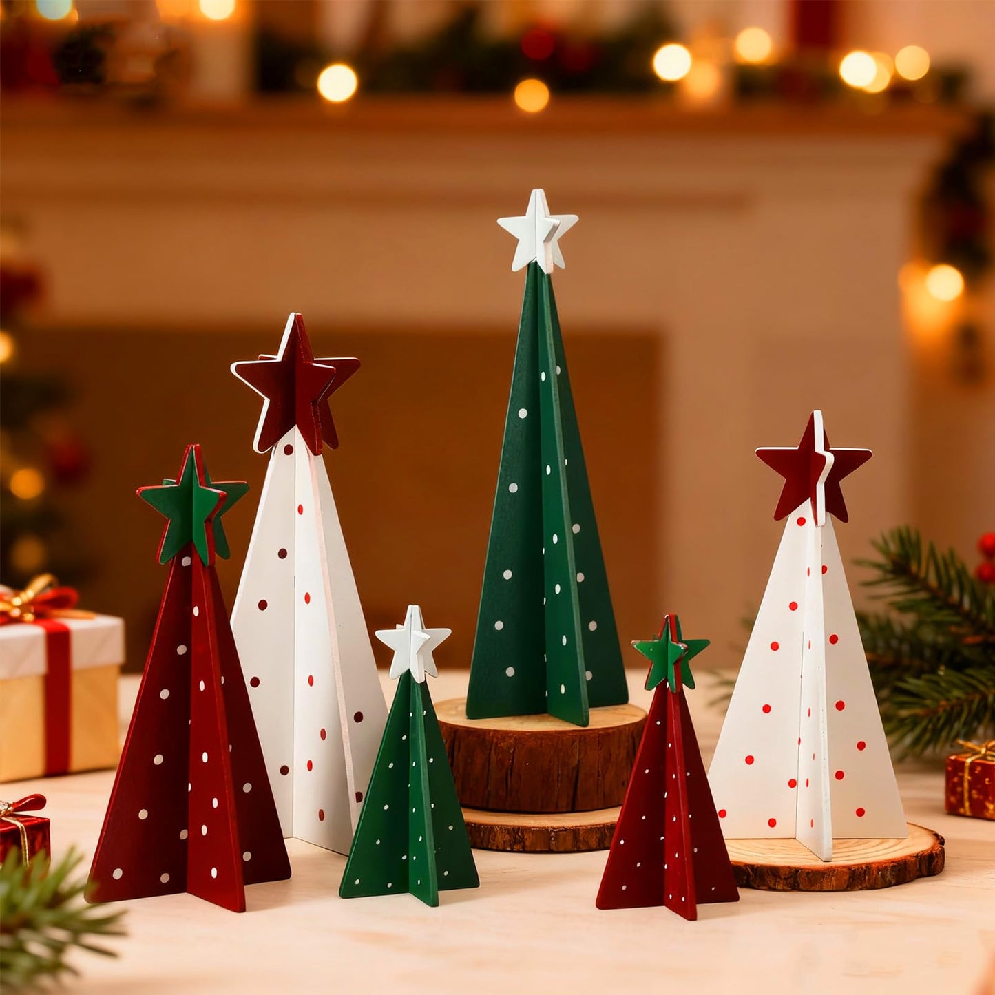 Maitys 12 Pcs Christmas Decoration 4 Sizes Wooden Tree Sign with Tabletop Star Decor Rustic Merry Christmas 3D Freestanding Engraved Trees for Home Table Centerpiece Shelf Mantel Fireplace Party Decor