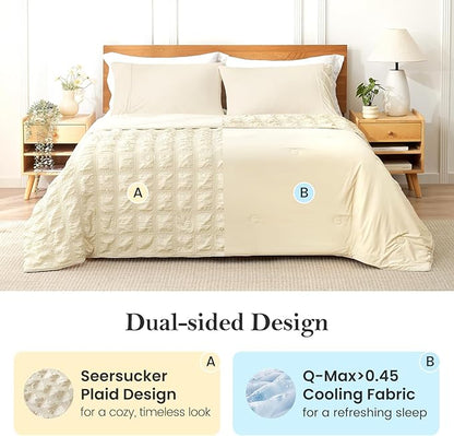 Cozy Bliss Cooling Comforter Seersucker Plaid Full, Q-Max 0.4 Reversible Lightweight Cooling Blanket, Breathable Silk Smooth Summer Bedding Quilt for Hot Sleepers Night Sweats Khaki
