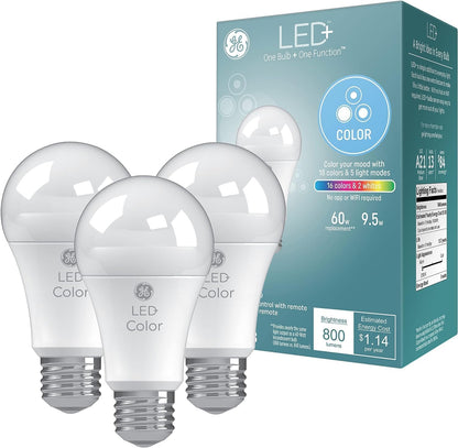 GE LED+ Color Changing LED Light Bulbs with Remote, No App or Wi-Fi Required, A19 Standard Bulbs (2 Pack)