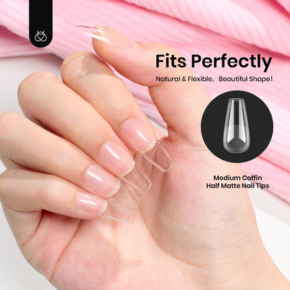 Beetles Gel Nail Kit Short Almond, 240Pcs Easy Nail Extension Set Shaped Clear Tips with 5 in 1 Nail Glue Base & Top Coat and Mini UV Lamp, Nail Tips Art Acrylic Nail Kit Gifts for Women