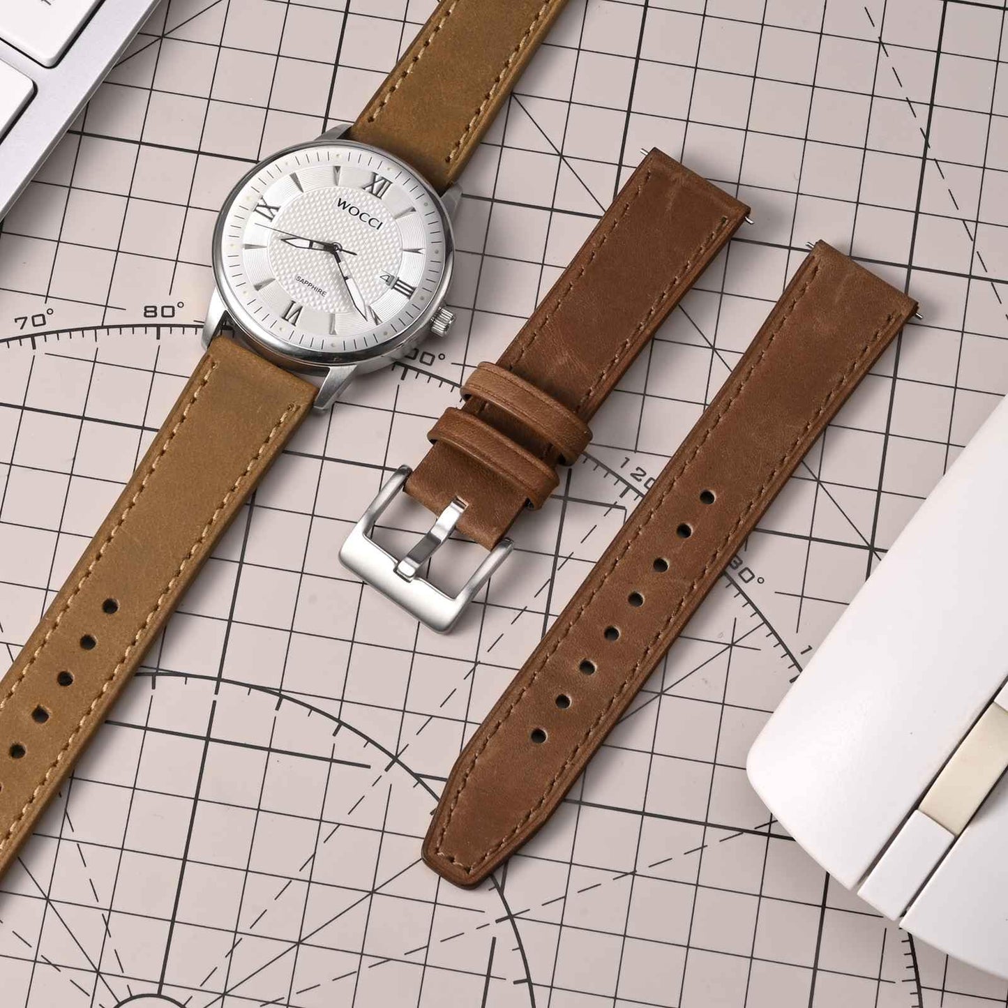 WOCCI 20mm Elite Watch Band, Top Grain Leather, Quick Release, Silver Buckle (Sand)