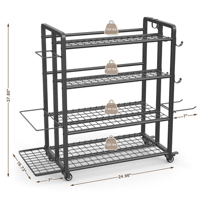 4-Tier Dumbbell Rack Stand Only, Adjustable Weight Rack for Dumbbells Kettlebells Yoga Mat, Home Gym Storage Rack with Wheels and Hooks, Powder Coated Finish (Large)