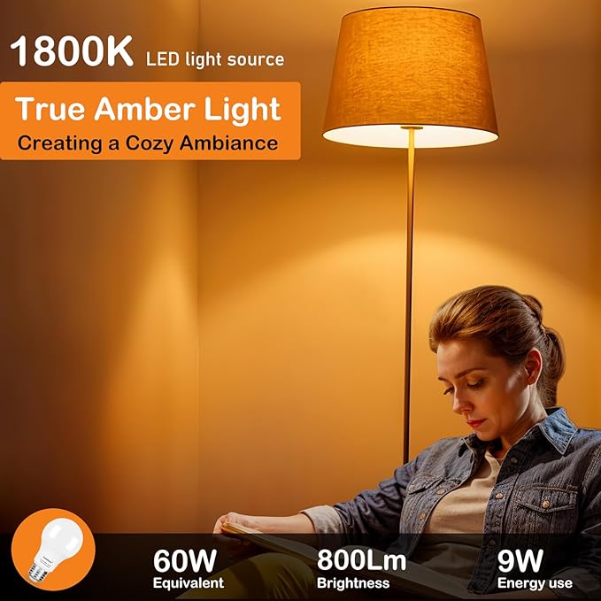 YukiHalu LED Amber Light Bulbs, A19 1800K E26 800Lm, 60W Equivalent Soft Warm Sleep Light Bulbs for Healthy Sleep, Baby Nursery Light, Bedroom Night Light, Not-Dim, 2-Pack
