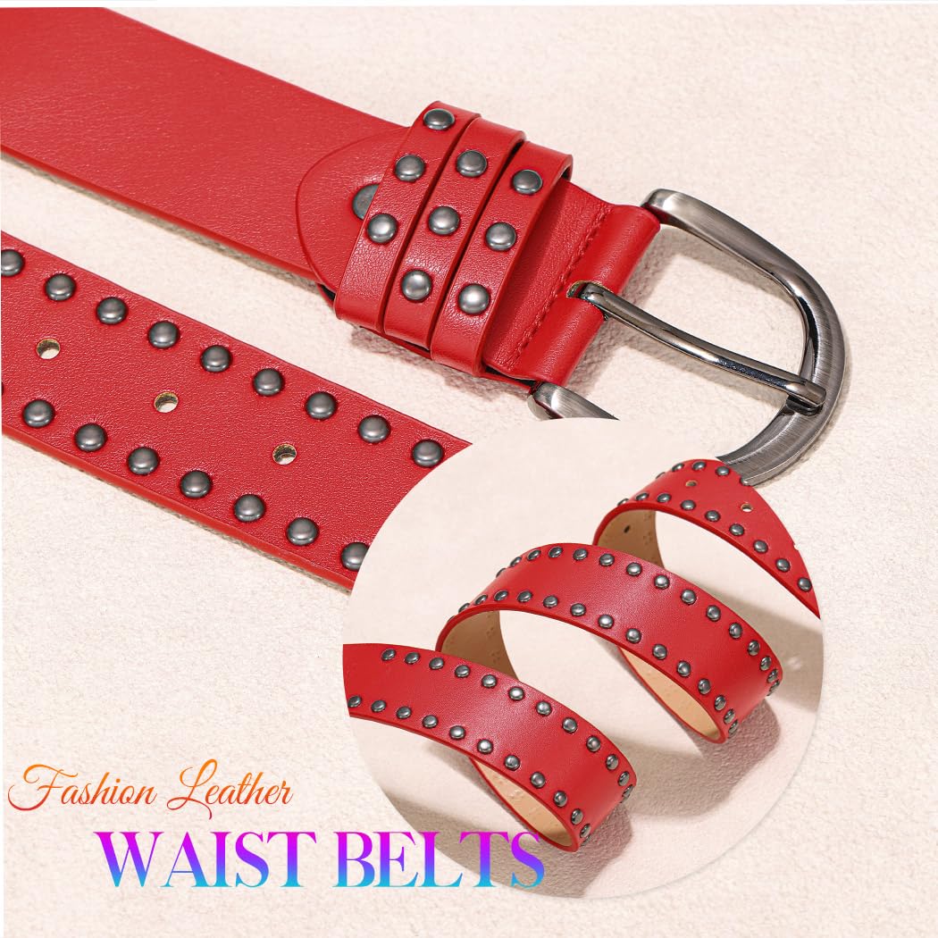 BODIY Rivet Leather Belt Black Vintage Waist Belts Y2K Wide Belts Western Studded Belt for Women (Red)