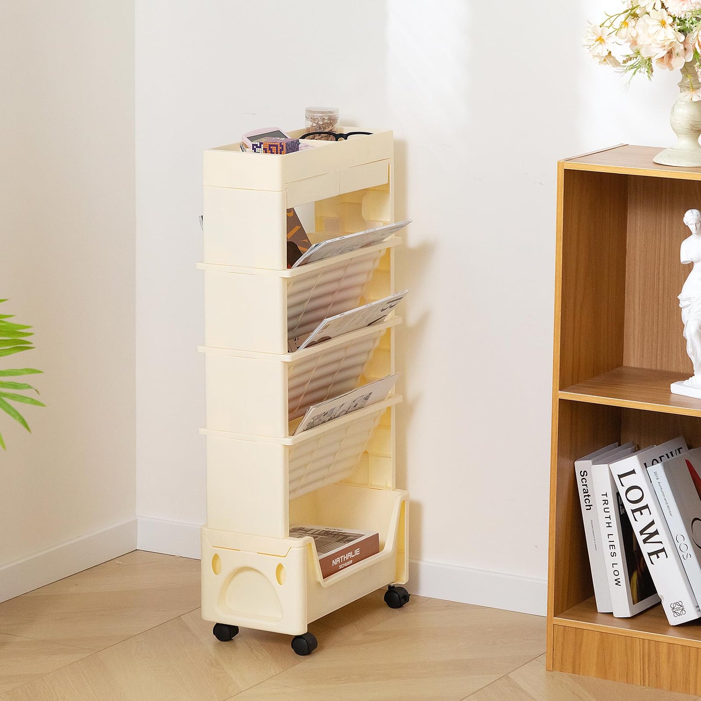 AGTEK 5 Tier Rolling Utility Cart, Book Cart with Wheels, Office Book Carts with Divided Top Shelf for Organizing Books and Supplies in Home, Office, Classroom, Beige