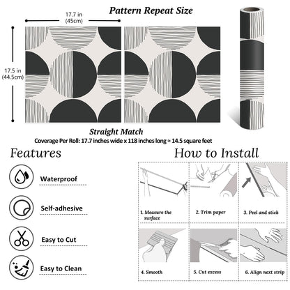 VEELIKE Abstract Circle Geometric Peel and Stick Wallpaper Modern Black Mid Century Wallpaper for Bedroom 17.7''x118'' Self Adhesive Geometric Wall Paper Removable Contact Paper for Cabinets Walls