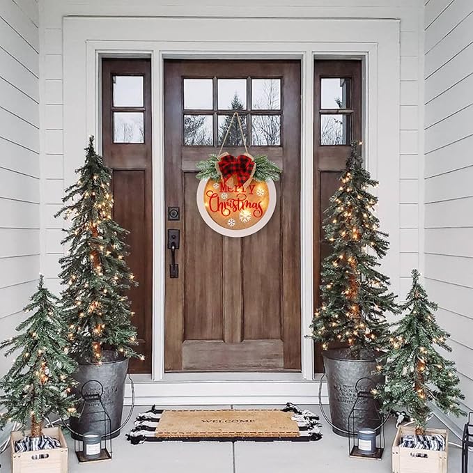 HOMCDALY Merry Christmas Welcome Sign for Front Door, Winter Merry Christmas Wreath with Light, Farmhouse Door Decoration Wooden Hanging Sign, Christmas Decoration (F-Xmas-White)