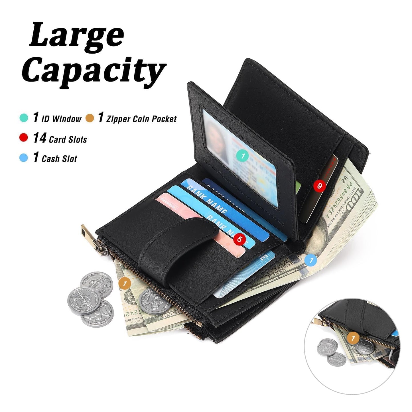 GAEKEAO Small Wallet Women Vegan Leather RFID Blocking Bifold Ladies Compact Card Holder with Zipper Pocket & ID Window