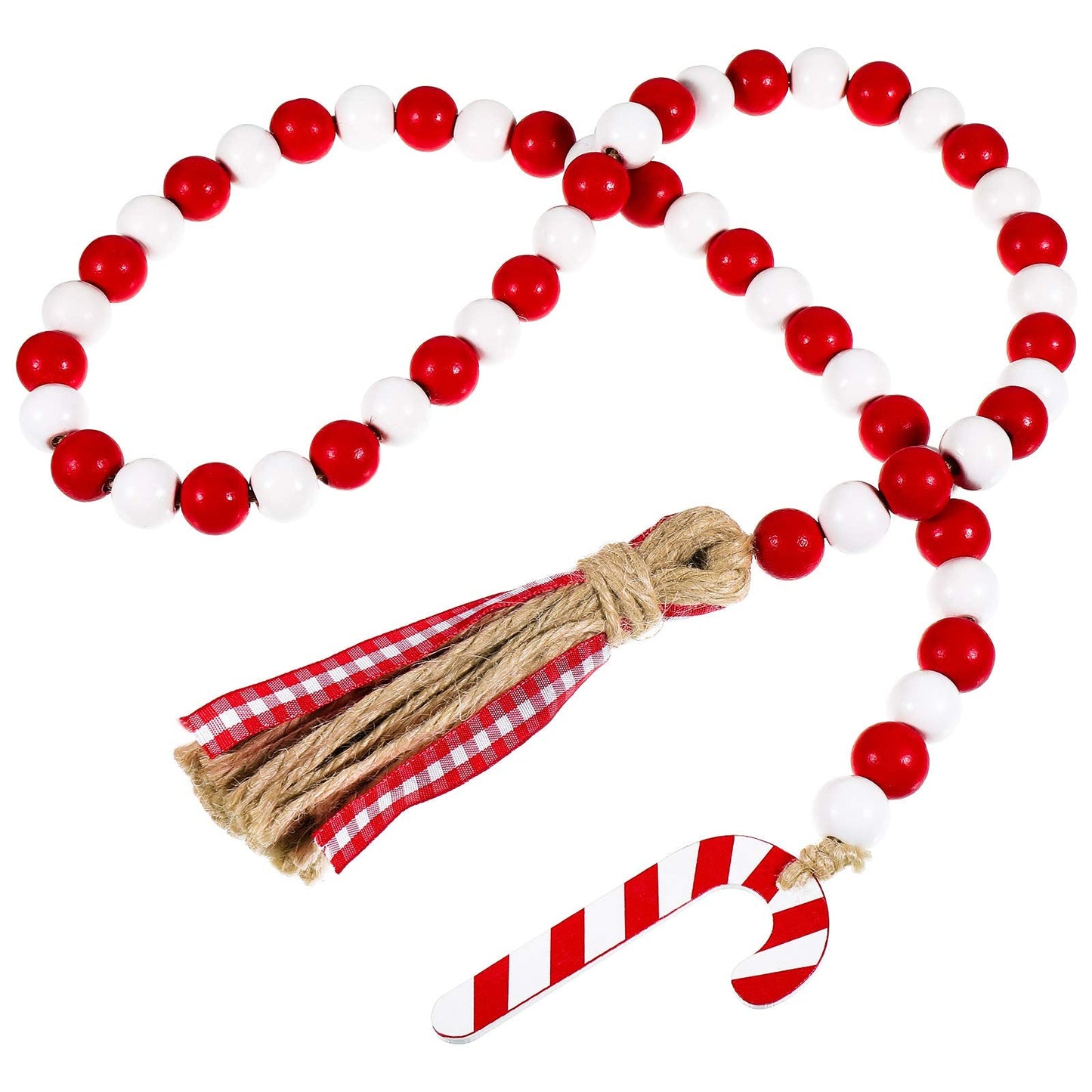 Chuangdi Christmas Wooden Bead Garland Wreath, 39 Inches Decorated with Candy Canes Tassels Wood Bead Garland for Christmas Tree Tiered Tray Decor Home Farmhouse Wall Hanging Ornaments(Red White)