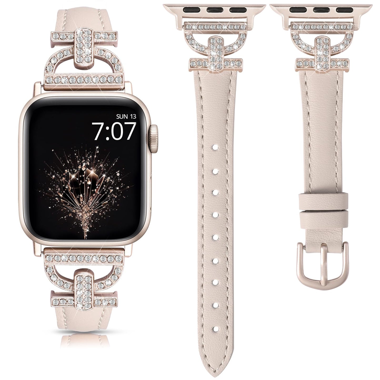 TOYOUTHS Leather Band Compatible with Apple Watch Band Women 42/41/40/38mm Dressy Slim Thin Strap with D-Shaped Diamond Metal Buckle Bracelet for iWatch Series 11 10 9 8 7 6 5 4 SE 3 2 1, Starlight
